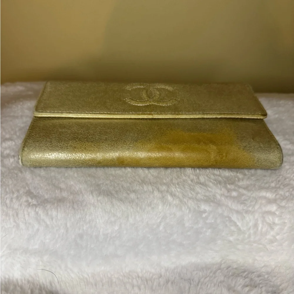 Chanel Gold Metallic Snap Flap Wallet with Auth Sticker